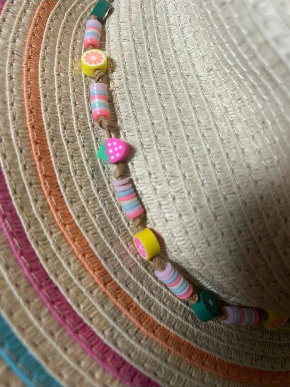 Target Straw Sun Hat Kids OS Tan Rainbow Stripe Fruit Bead Floppy Beach Boho
